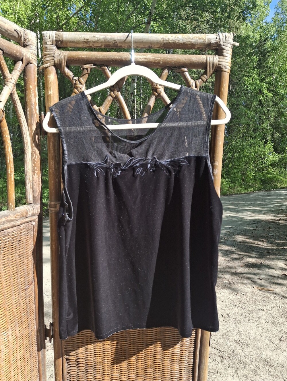 🍀3/15 Black Sleeveless Tank with Sheer Yoke and Front Detail